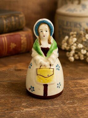 Vintage Hand-Painted Ceramic Bell Figurine Woman In Bonnet Occupied Japan